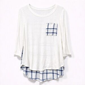 12PM by Mon Ami • Plaid Contrast Hi-Low Tee • Ivory / Blue • Size M